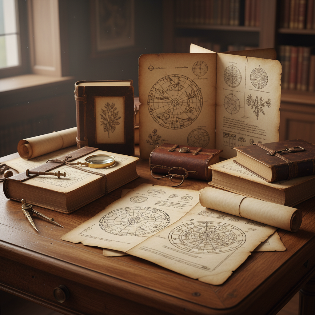 Alte wissenschaftliche Manuskripte auf einem Holztisch