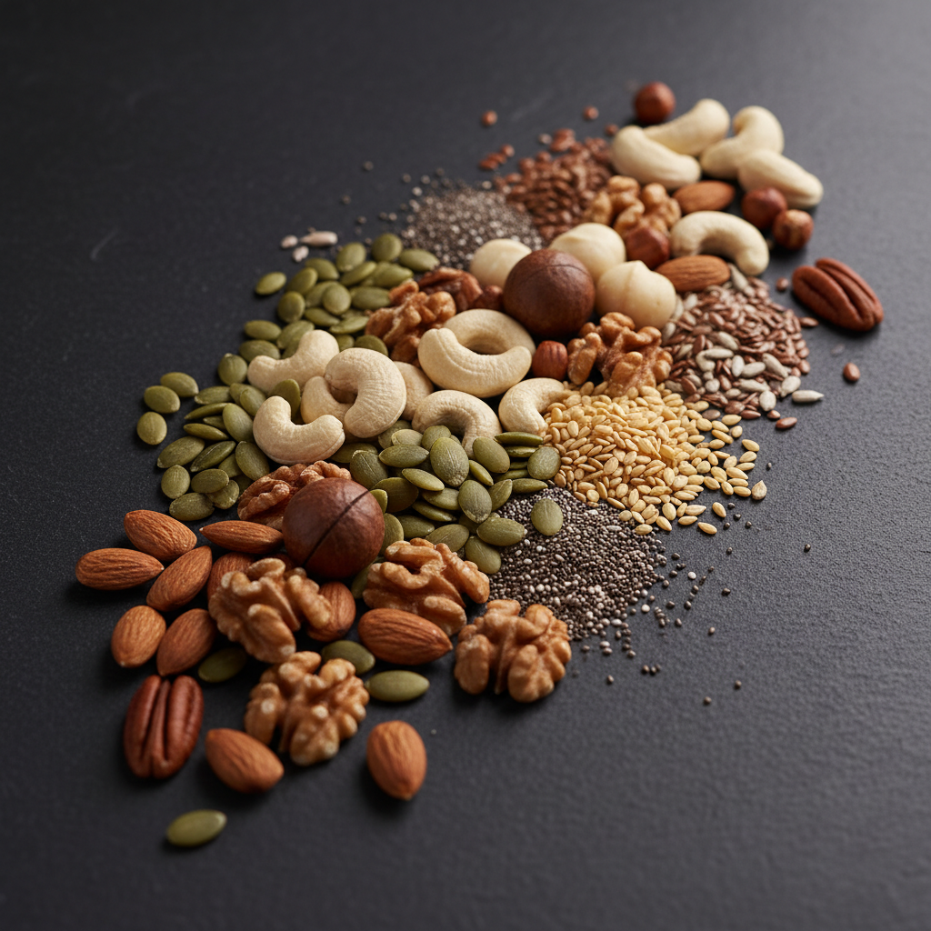 Nüsse und Samen auf dunklem Hintergrund